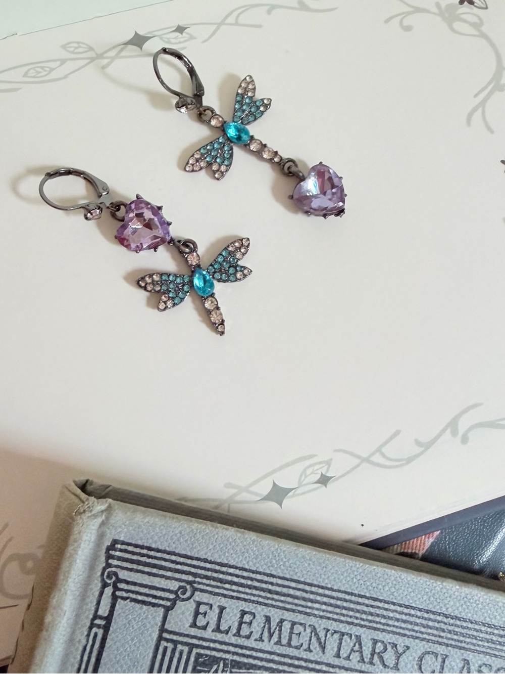 Betsey Johnson Purple Heart & Teal Dragonfly Drop Earrings